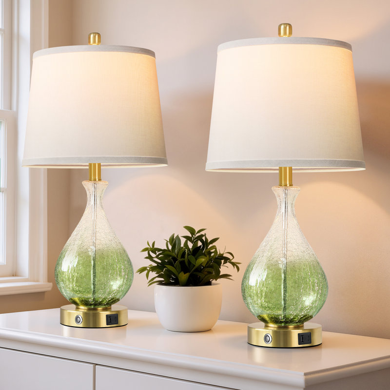 Glass Table Lamp For Living Room Bedroom Set Of 2, 22.5" Led Light With Touch Control, Blue 3 Way Dimmable Modern Bedside Lamps For Home Decor With White Fabric Shade