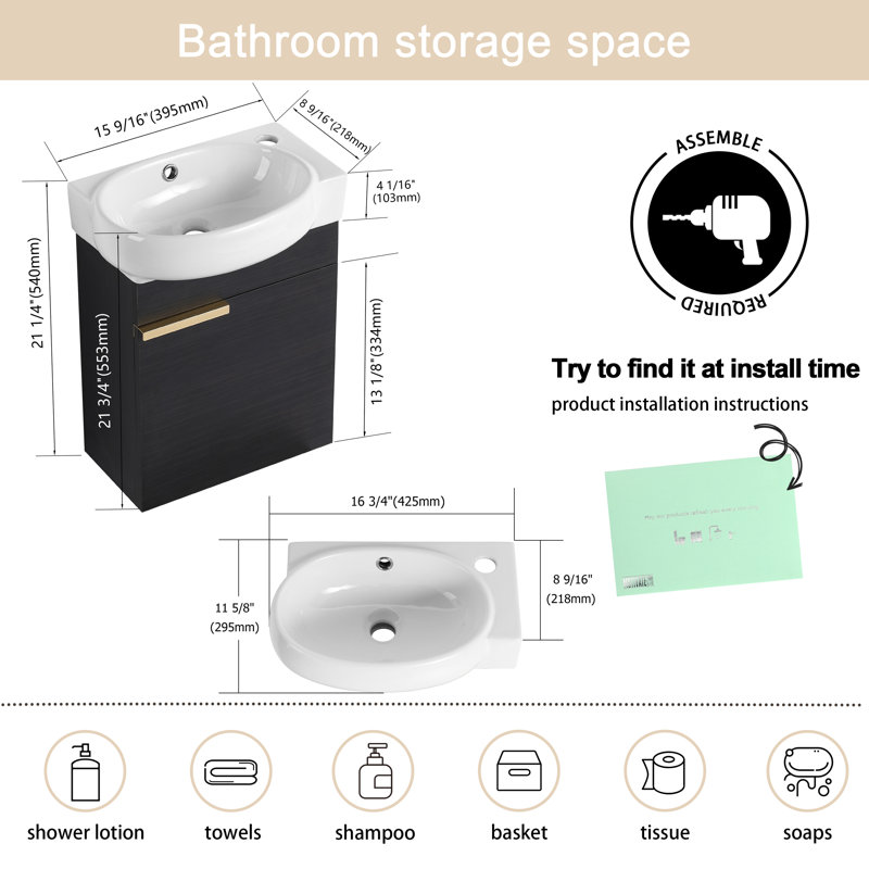 Ensemble de meuble-lavabo mural simple 16 po avec lavabo en céramique Derwent, Noir/or