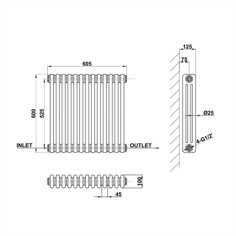 Traditional 2 3 Column Radiator Cast Iron Style Heating, White, 60cm H x 60.5cm W x 10cm D
