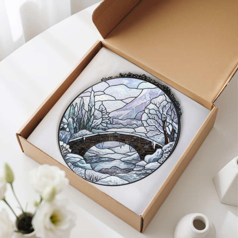 Panneau de vitrail 12 "H Winter Landscape, H 12 po x l 12 po