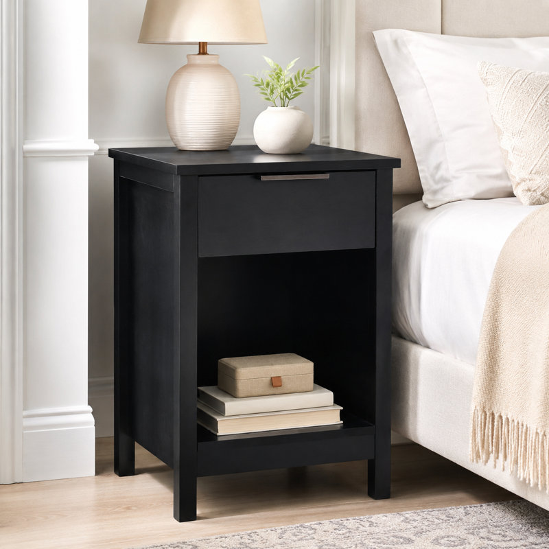 Table de chevet à 3 niveaux avec tiroir - Table de chevet rétro noire et table de bout avec tablettes ouvertes pour la chambre à coucher