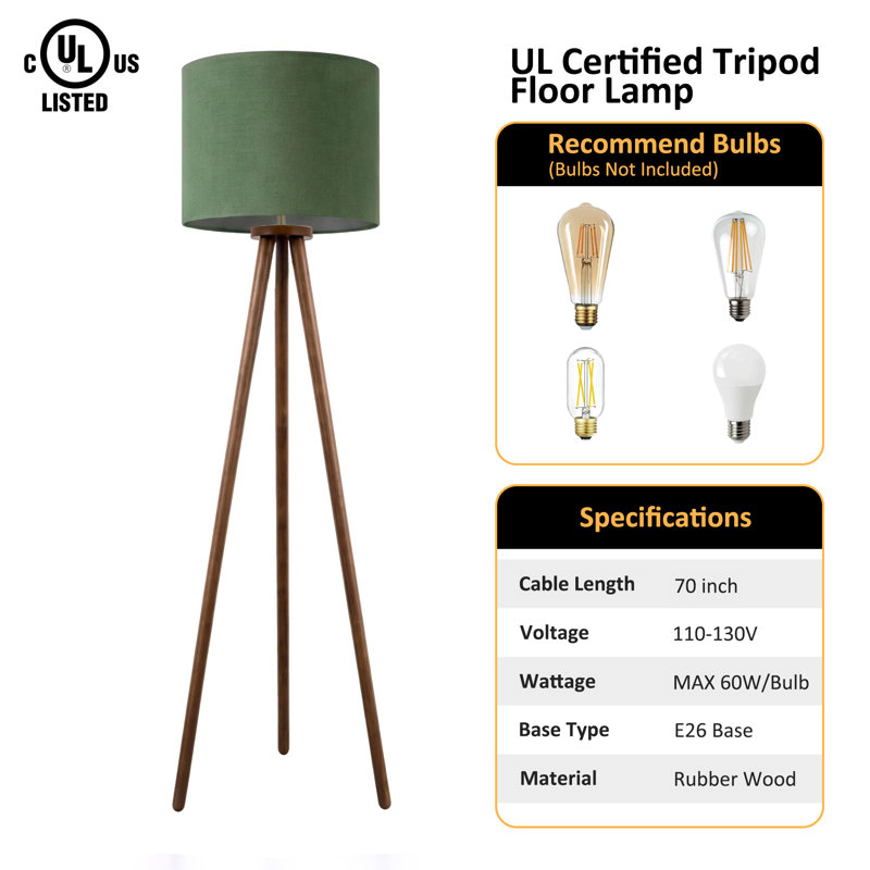 60.6" Modern Rustic Tripod Floor Lamp with Solid Rubber Wood Legs, Green Linen Drum Shade, Adjustable Height, Foot Switch Control, cULus Certified for Living Room Side Tables, Bedroom Corners, Home Offices or Study Rooms