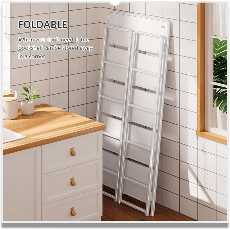 Bibliothèque pliante à 5 niveaux, entièrement blanche, bibliothèque sur pied rétro et tablettes de rangement pour bureau à domicile, bureau ou salon