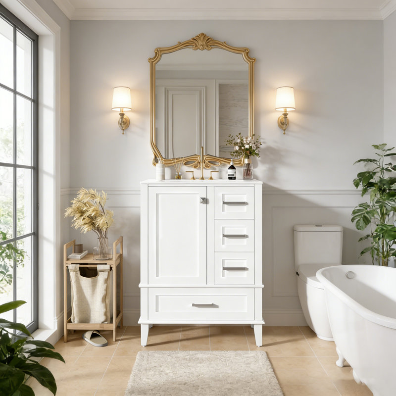 Meuble-lavabo simple avec plateau en céramique Shalimar, armoire de rangement moderne avec porte à fermeture douce et structure en bois massif, style autoportant