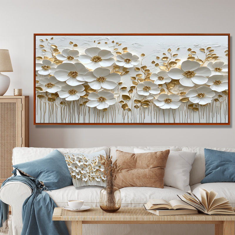 Art mural Myliana Pure Cream Wildflower Bloom II - Fleurs sauvages, H 28 po x l 60 po, Impression encadrée flottante, Brun