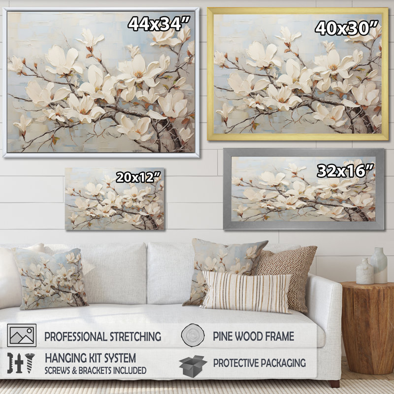 «Magnolias Beauty III», impression sur toile beige et vert, Cadre naturel flottant, H 16 po x l 32 po
