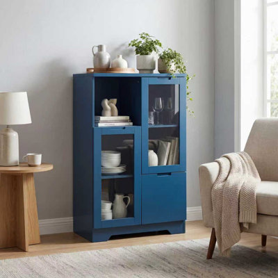 Cameron 2-door Navy Blue Modern Storage Cabinet With Glass Doors & Drawer, Adjustable Shelves, For Living Room, Bedroom, Entryway, Dining Room, Condo Or Office