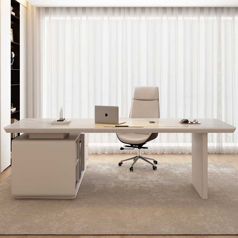 White Rectangular Stone+Manufactured Wood With Drawers Desk, 29.53" H x 78.74" W x 47.24" D, Right Hand Return