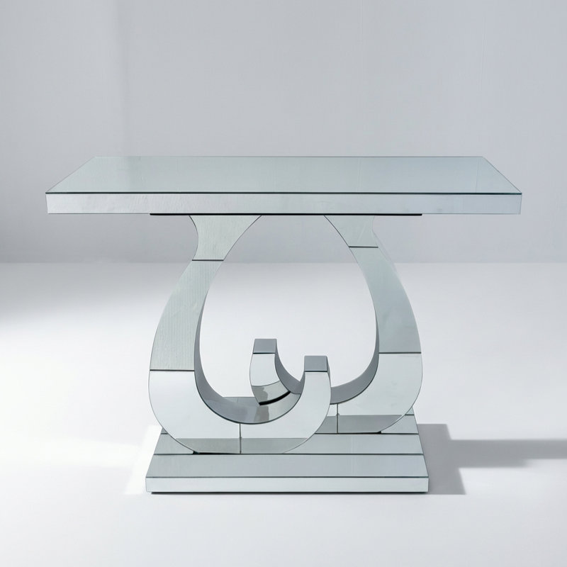 Modern Rectangular Mirror Side Table with Decorative Double C-Shaped Base, Versatile Glass Top Console Table