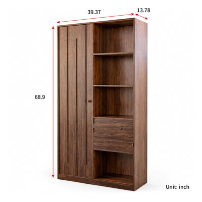 Armoire de rangement autoportante, armoire haute avec porte cannelée, 2 tiroirs et tablettes ouvertes, rangement polyvalent pour chambre à coucher, salon, entrée