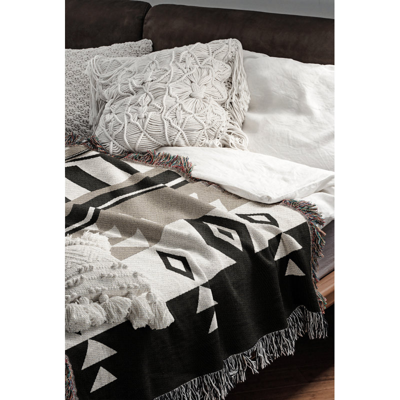 Jeté en mélange de coton Fika South Western, L 70 po x l 50 po, Beige / noir / blanc cassé