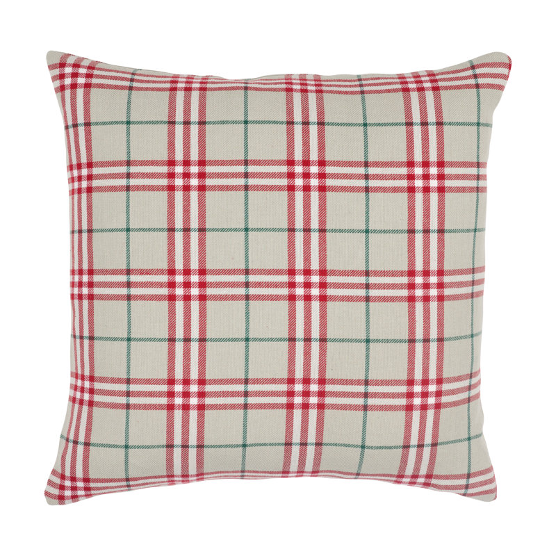 Traditional Check Gray Red Green Cotton Square Throw Pillow
