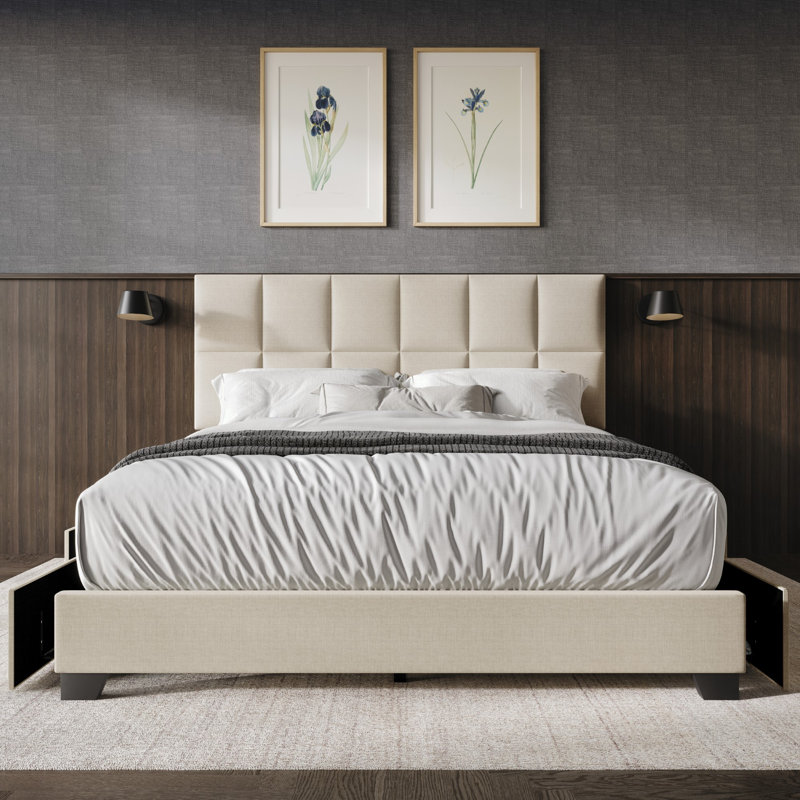 Lit plateforme tapissier avec rangement Lawi, Beige, Très grand