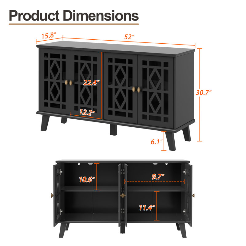 52''W Four Hollow Door Sideboard, Black