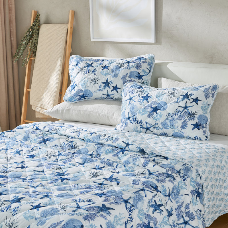King Blue Microfiber Reversible Coastal Quilt Set