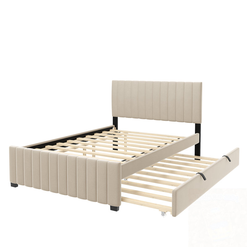 Lit plateforme double en velours avec lit gigogne, Beige, Lit double