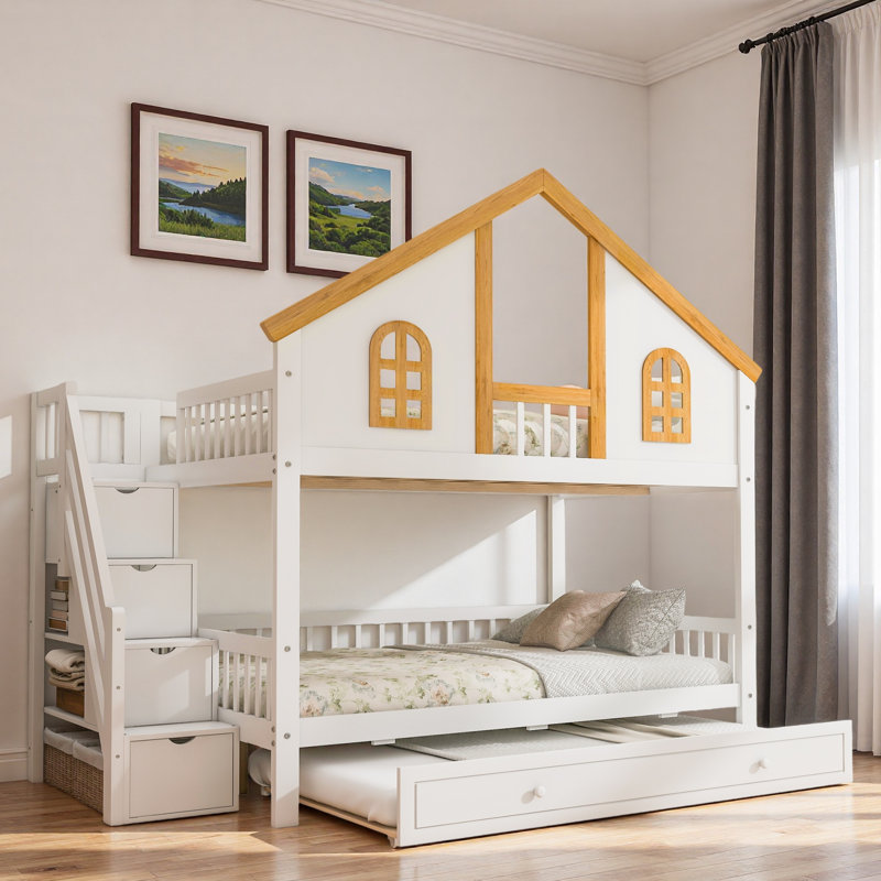 Lit superposé en bois avec escalier de rangement, lit gigogne, toit de maison et porte de fenêtre