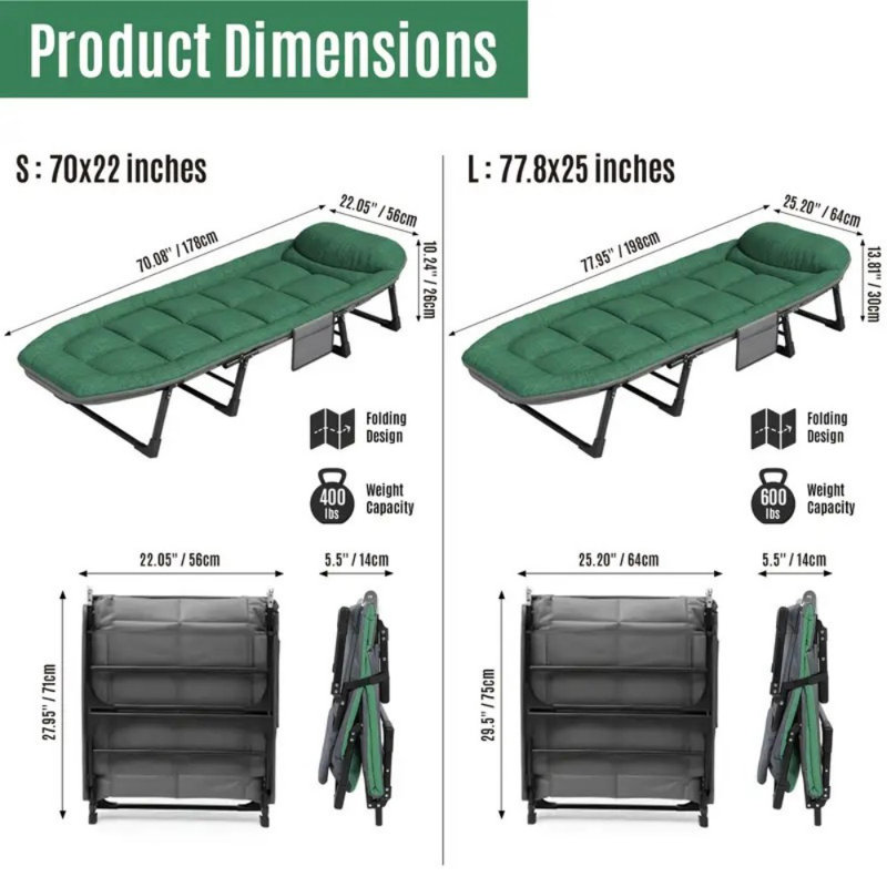 Lit de camping pliable, lit de couchage réglable à 6 positions, tissu respirant, structure en acier épais, portable et durable, convient pour l'extérieur, la randonnée en camping - pour une utilisation extérieure seulement