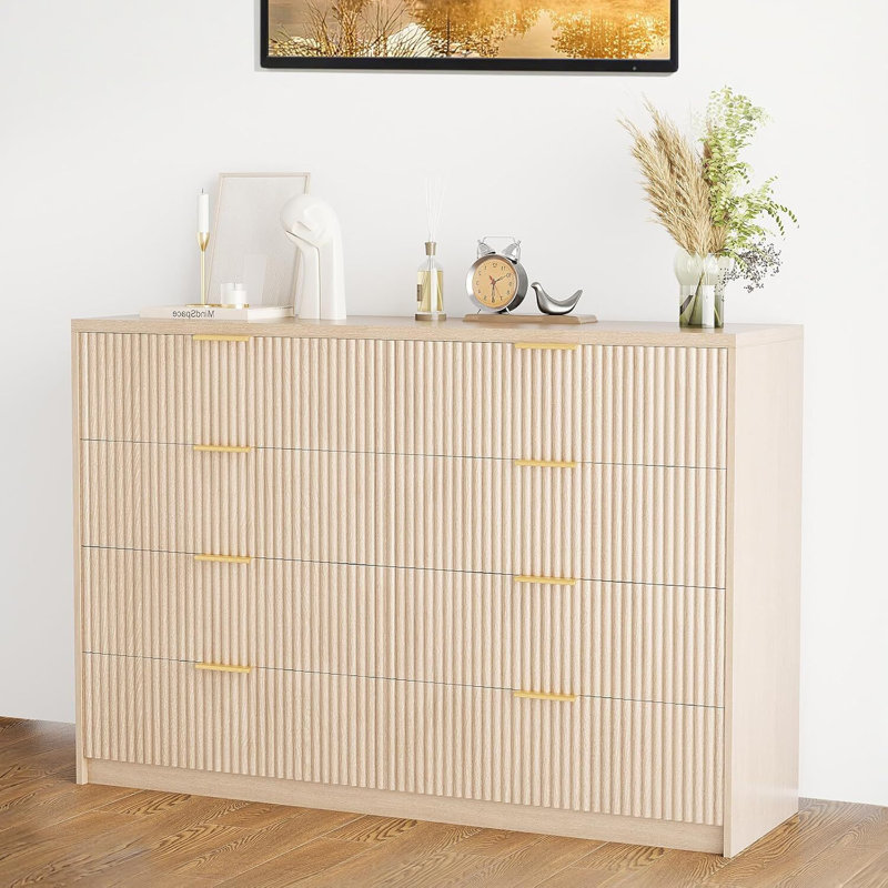 Commode 8 tiroirs cannelée pour chambre 55 po avec commode en bois cannelée moderne et grande couleur naturelle, Naturel