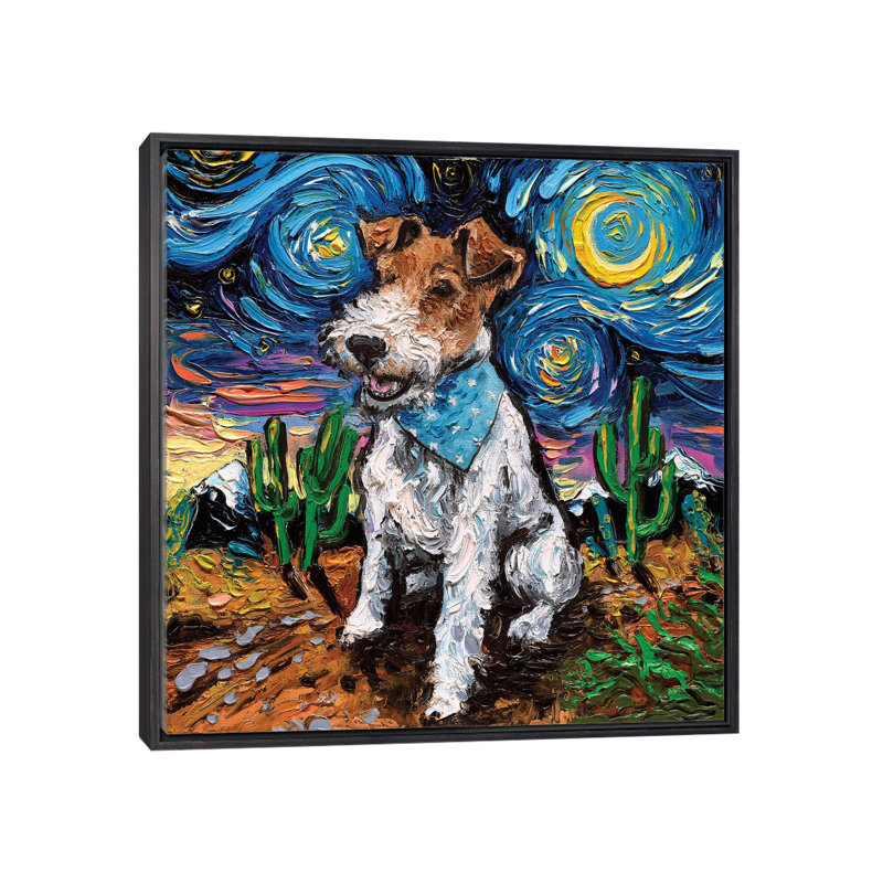 "Fox terrier Night" par AJA, reproduction d’art, Toile avec cadre noir patiné, Pas de tapis, H 37 po x l 37 po x P 1,5 po