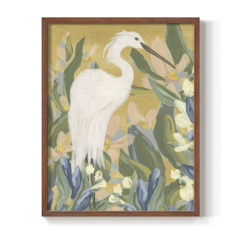 Floral Egret II, reproduction encadrée - bois massif, Noyer, H 15 po x l 12 po