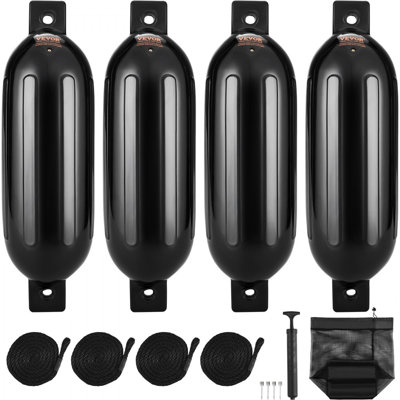 Boat Fenders, Boat Bumpers for Docking, Inflatable Ribbed Fender with Center Holes, Marine Boat Dock Fender Bumper with Air Pump, 4 Needles and 4 Ropes and Storage Bag, Black