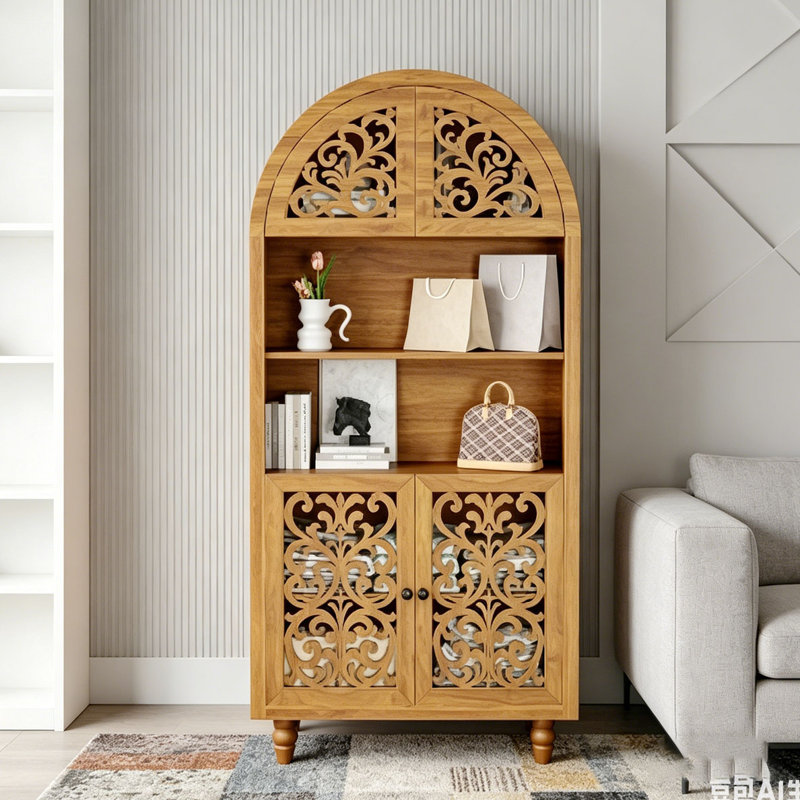 Bibliothèque 66 po de hauteur avec bibliothèque ouverte et armoire arquée en bois sculpté