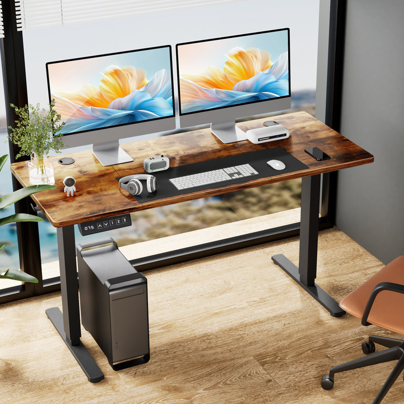 Bureau électrique pour travailler debout d'ordinateur à hauteur réglable avec 3 préréglages de mémoire, Brun / Noir