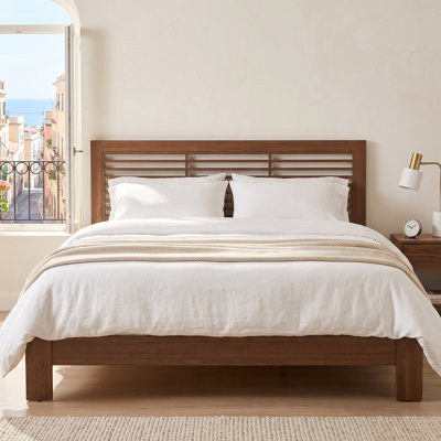 Mid-Century Modern Wood Platform Bed with Louvered Slatted Headboard, King, Walnut