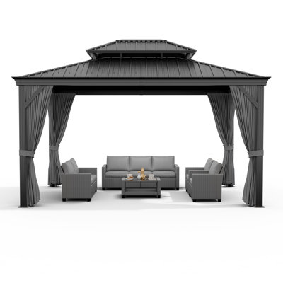 Pavillon de jardin en aluminium robuste à toit rigide en aluminium avec toit en métal double - moustiquaire et rideaux d'intimité - pavillon extérieur permanent, jet noir, tissu, 12 x 18 pi