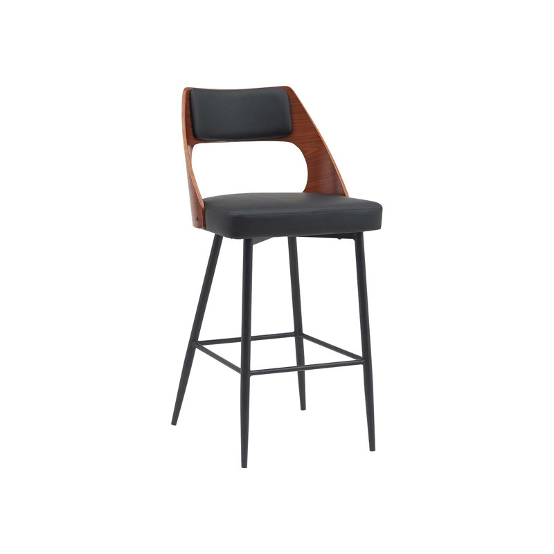 Élégant tabouret de bar d'intérieur en métal avec placage divisé et dossier en vinyle et siège en vinyle noir