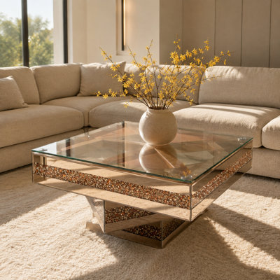 Mirrored Coffee Table with Crushed Diamonds, 31" Square Glass Center Table, Brown