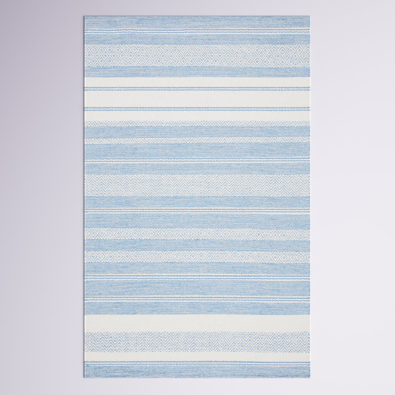 Tapis bleu / crème en coton tissé à plat à la main Addilynn, Rectangle 8 pi x 10 pi