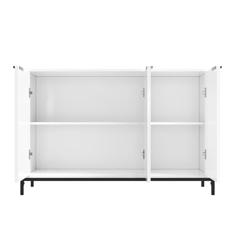 Functional 3-Door White High Gloss Cabinet With Powder Coated Metal Feet, For Lightweight Items In Bedroom, Living Room Or Kitchen Sophisticated Sideboard Black Handles And Gold Accents, Suitable