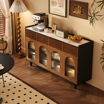 64.29"Black and Brown Mid-Century Solid Wood Sideboard