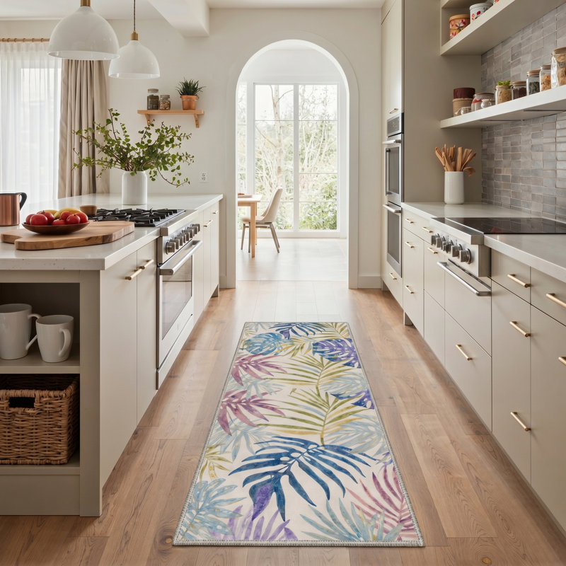 Abrahamson Verdant Tropical Machine Washable Beige / Green / Blue / Purple Indoor Area Rug with Non-Slip Backing