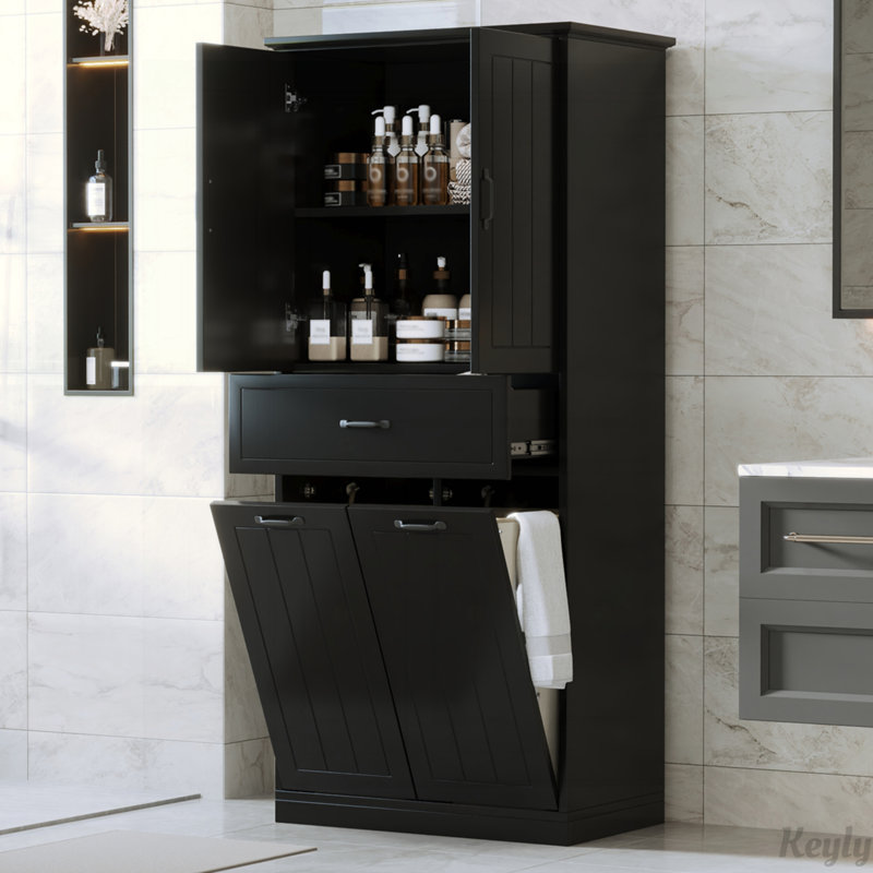 Armoire de rangement pour salle de bain avec deux paniers à linge, Noir
