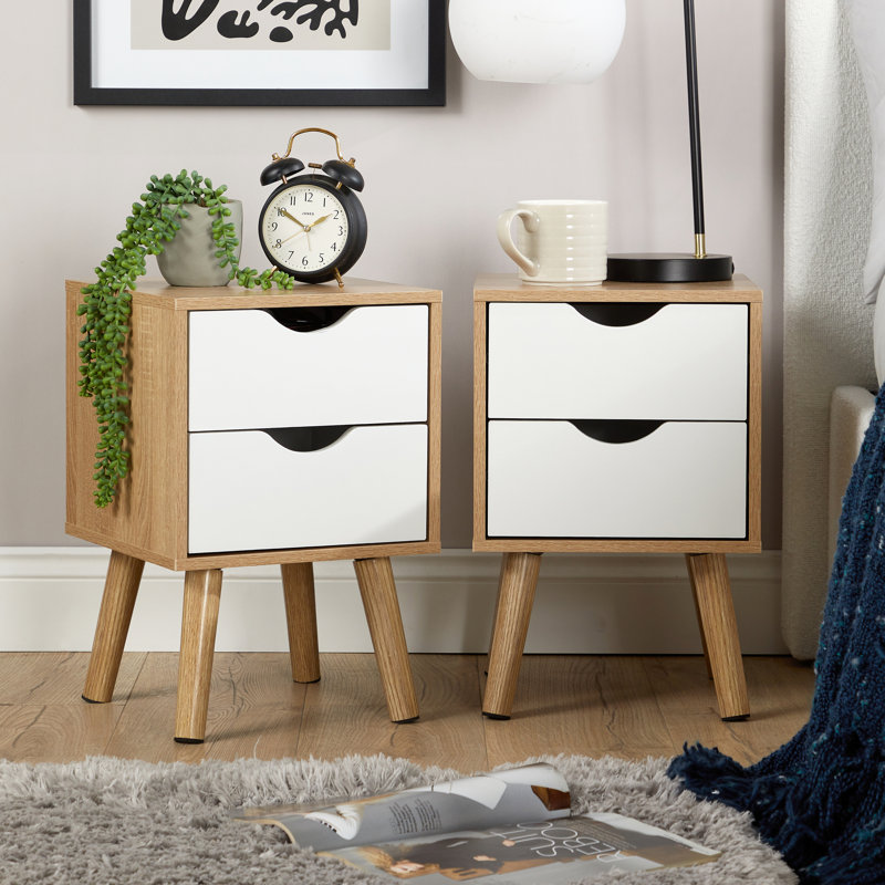 Clarinda Pair of 2 Drawer Scandi Bedside Table Units, Brown