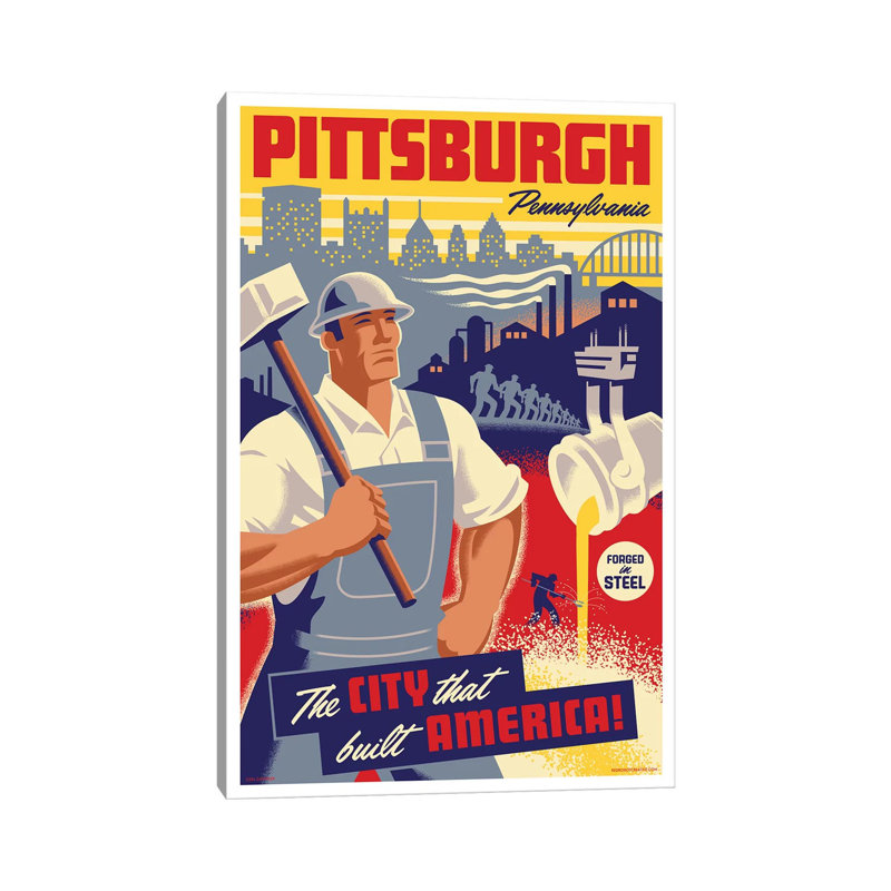 Pittsburgh Steel Worker Travel Poster by Jim Zahniser - Wrapped Canvas Print, 66.04 cm H x 45.72 cm W x 3.175 cm D