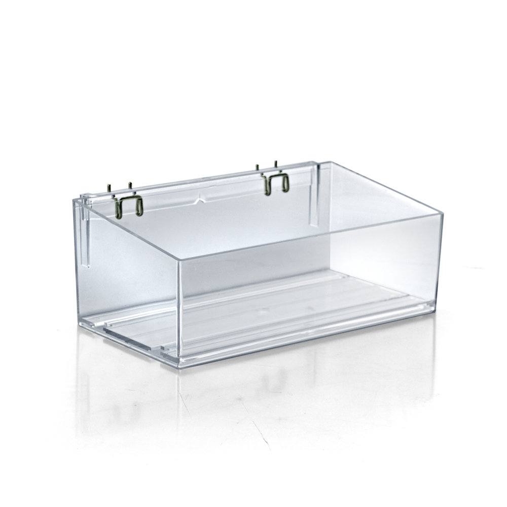Clear 13.5” wide Open Bin Tray for Pegboard or Slatwall. Storage Container includes 2 Metal U-Hooks for hanging. Adjustable Slide In Dividers Sold Separately Azar Displays