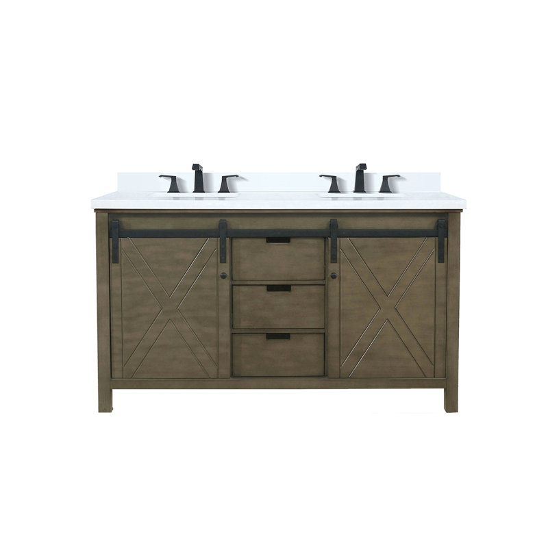 Meuble-lavabo double brun rustique 60 po L, surface en quartz blanc, robinet, mécanisme de fermeture en douceur et rangement considérable x P 22 po avec comptoir, fermeture, deux armoires, tablette ouverte à trois tiroirs pour
