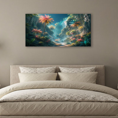 Canvas Wall Art Tropical Jungle Valley Colorful Palm Trees Misty Waterfall Vibrant Wall Decor for Living Room Bathroom Bedroom Office 20"H x 40"W Art Paintings, Ready to Hang
