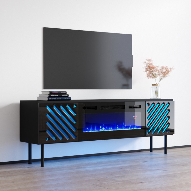 Metherell 63" Modern TV Stand with Electric Fireplace, High Gloss Finish, Media Storage, Black