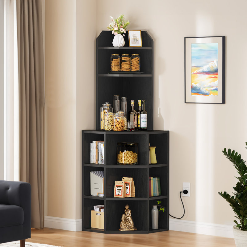 Étagère d'angle noire à 3 niveaux avec huche / étagère de présentation autoportante pour la cuisine, le salon ou le bar