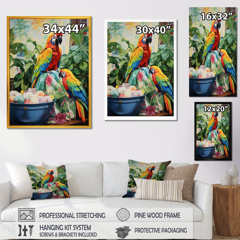 «Red Parrot Paradise I», art mural perroquet, Toile tendue, H 32 po x l 24 po x P 1 po
