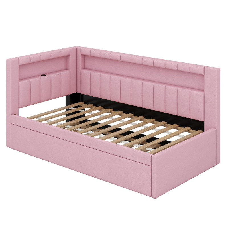 Lit plateforme tapissier avec ports USB, ceinture à DEL et lit gigogne, Rose
