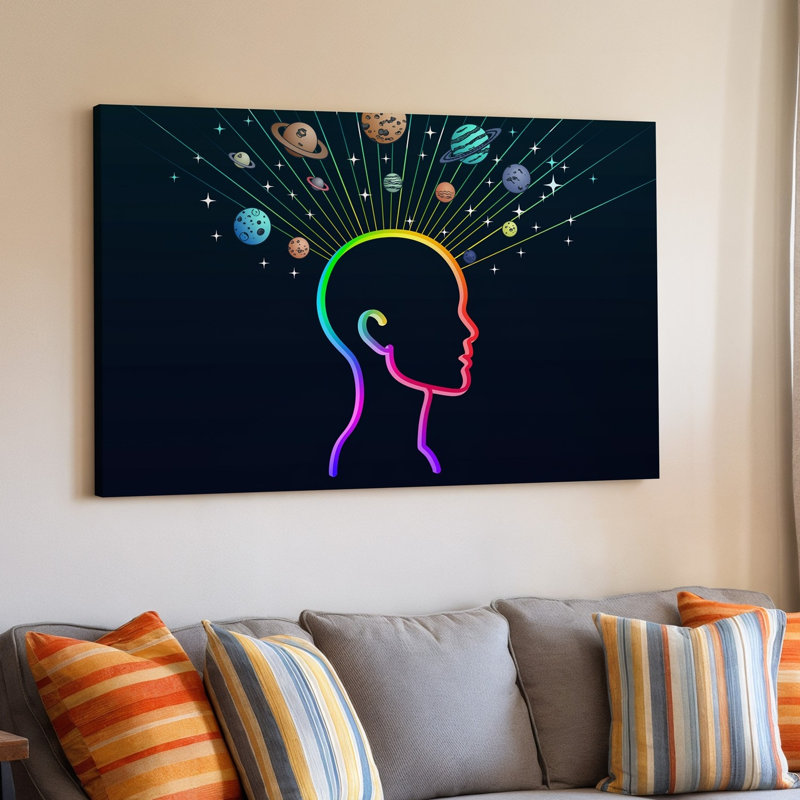 Toile, création d'une illustration numérique colorée en néon vibrant avec un art mural stylisé avec un thème cosmique contre une toile