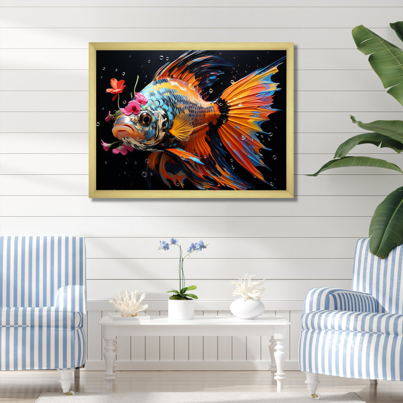 «Pink Butterfly Fish Ocean Dance» - art mural poisson papillon, Cadre doré à coins fermés, H 16 po x l 32 po x P 1 po