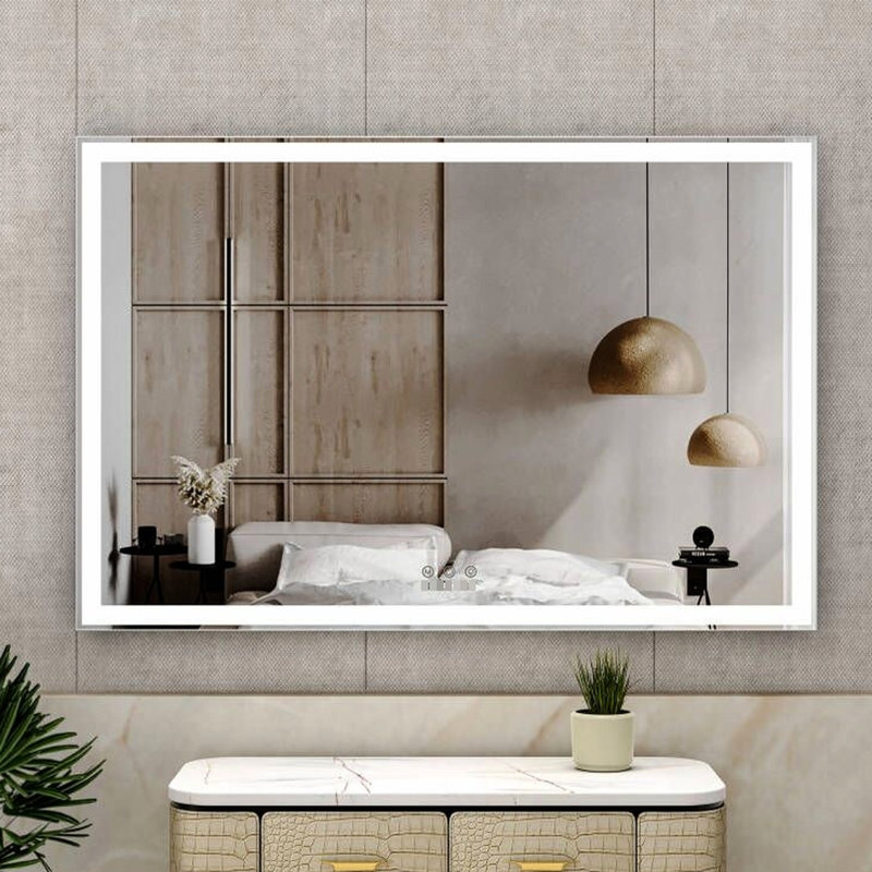 Grand miroir de salle de bain 60 x 40 pouces avec éclairage DEL, étanche, cadre robuste en aluminium, 3 options, gestion tactile intelligente. Miroir DEL 59,23 x 40,44 pouces, versions colorées, option d'installation.