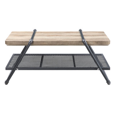 Wooden Coffee Table With Metal Base And Extra Shelf - Industrial Rustic Design Rectangular Wood Surface Shelving Home Decor